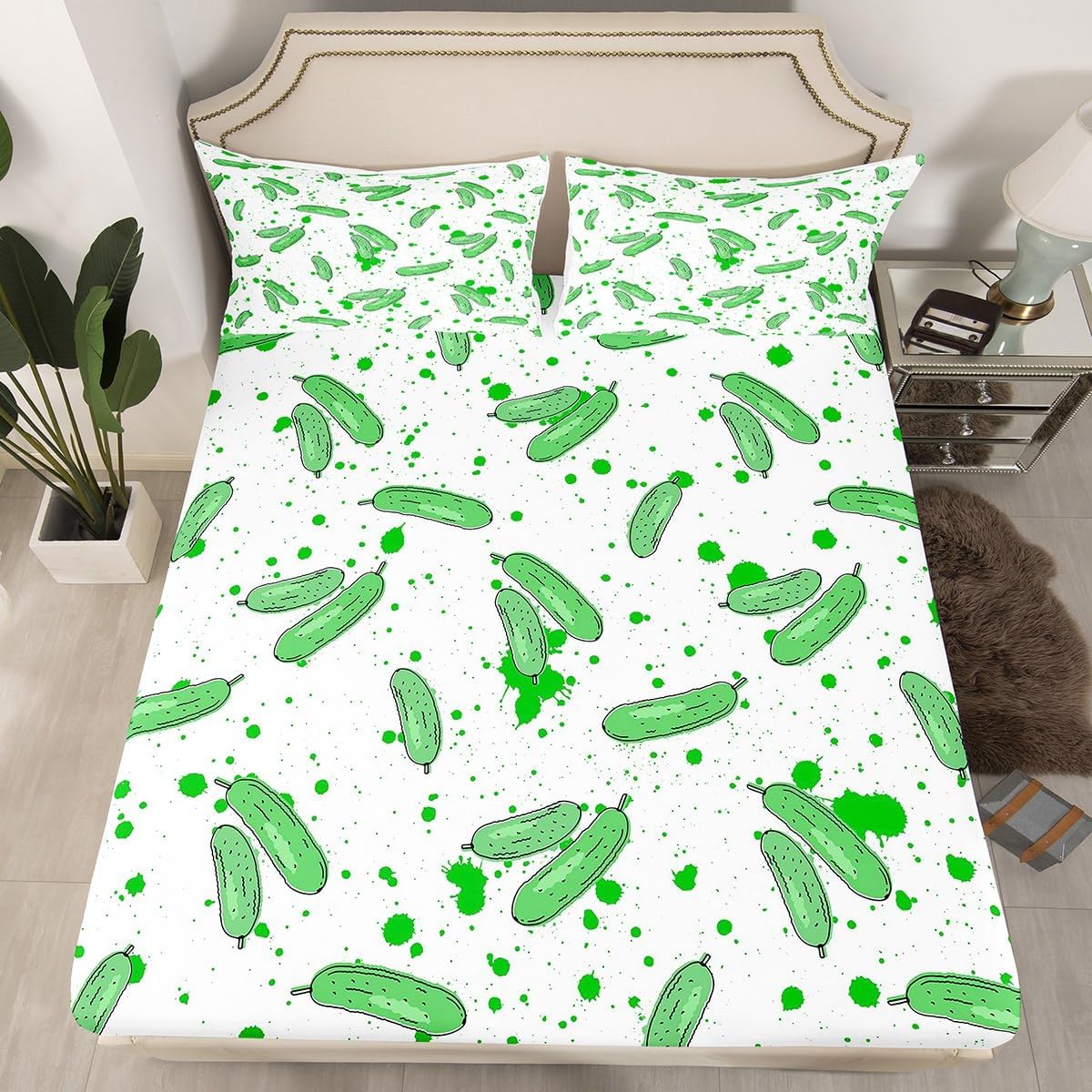 Erosebridal Cute Funny Cucumber Fitted Sheet Hand Drawn Doodle Pickles Bed Sheets, Cartoon Kawaii Green Pickles Bedding Set Watercolor Cucumber Vegetable Theme Sheets Queen,No Top Sheet