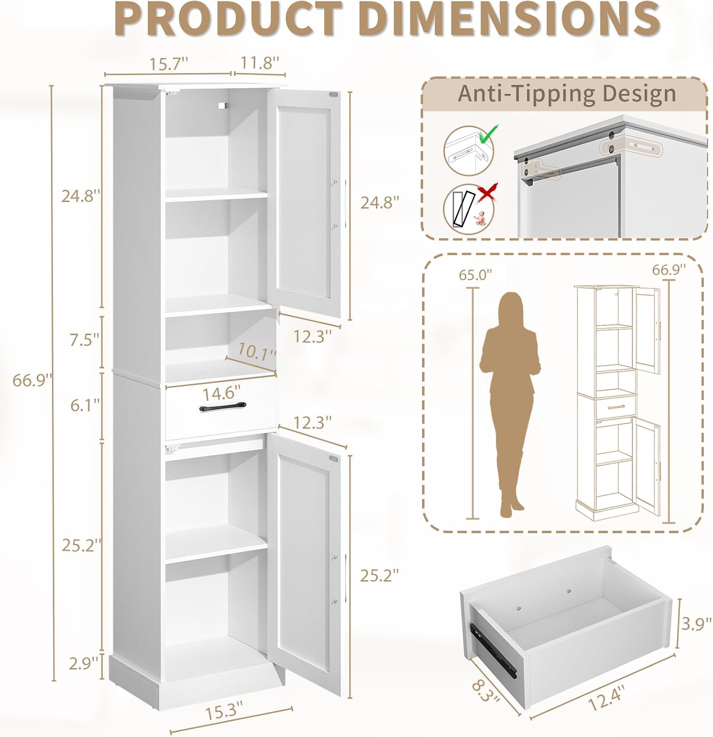 67" H Tall Bathroom Storage Cabinet with Drawer & 2 Barn Door, 15.7" W Narrow Tall Storage Cabinet with Adjustable Shelves for Bathroom, Living Room, Entryway, Kitchen, White