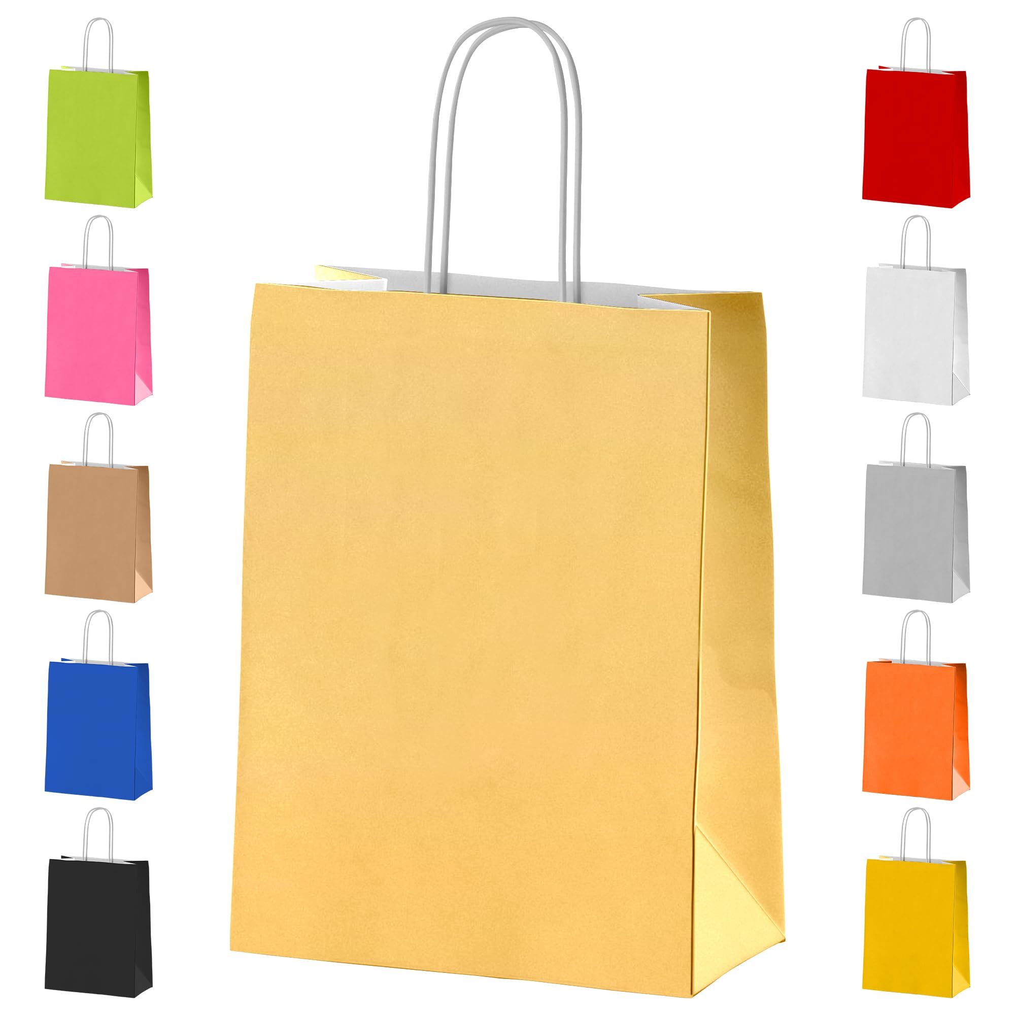 Gold Paper Party Bags With Handles - 10x Small Colorful Carrier for Adults and Kids Parties, Weddings, Birthdays, Baby Showers, Xmas and Sweets - Craft Gift Bags 18x22x8cm