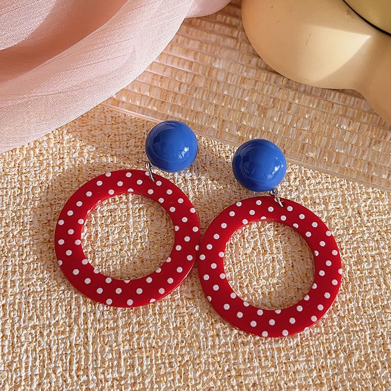 Retro Polka Dot Hoop Earrings – Bold Red and Blue Acrylic Circle Dangle Earrings for Women, Vintage Statement Jewelry - Image 3