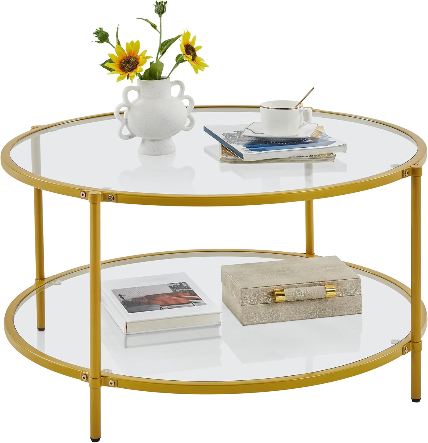 Amazon.com: Yaheetech 36" Round Coffee Table, Glass Coffee Table with ...