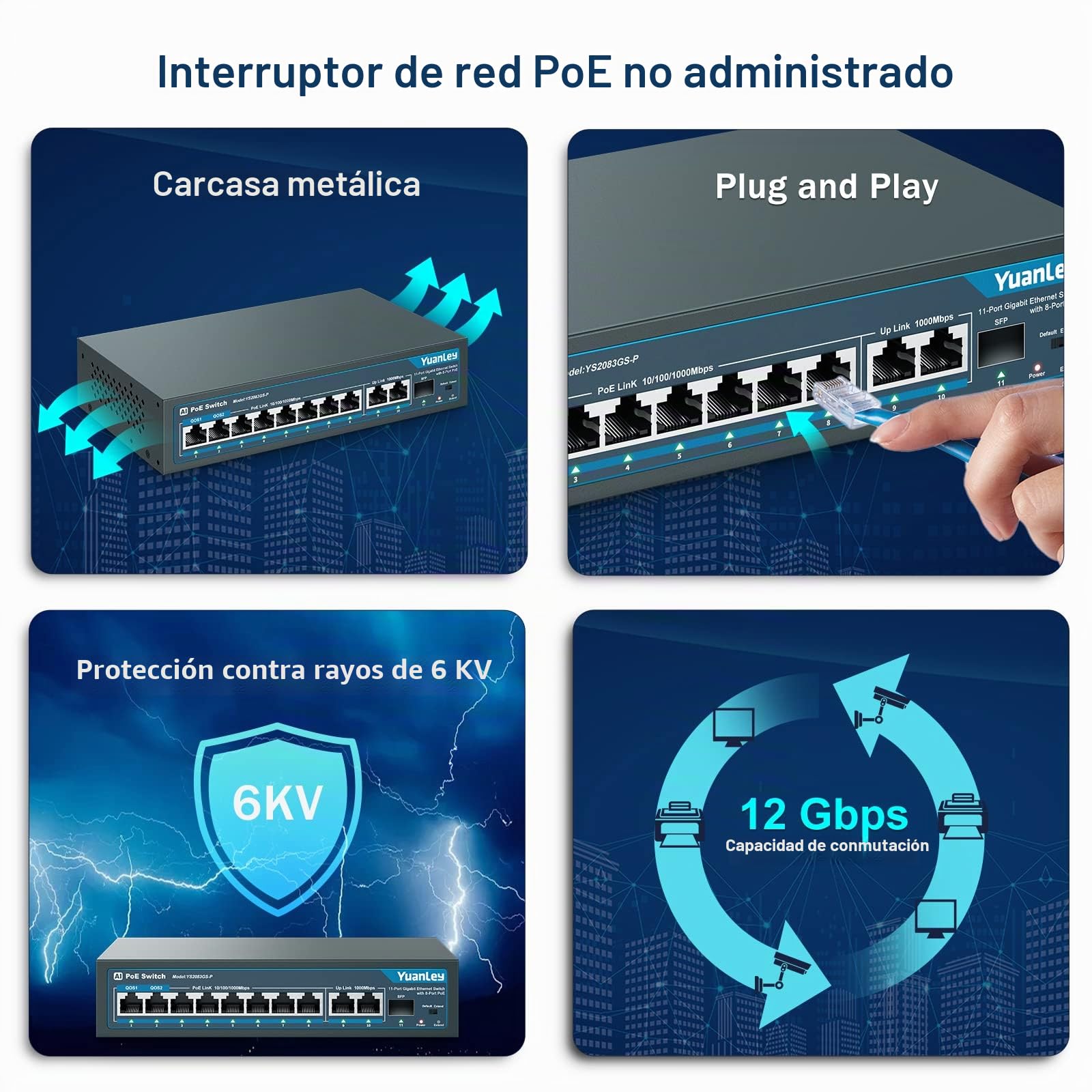 YuanLey 11 Puertos PoE Gigabit Switch, 8 Puertos PoE+, 2 Gigabit Uplink, 1 Puerto SFP, 120W 802.3af/at, Metal, Qos, Conmutador Ethernet de Detección Inteligente AI Plug and Play no Administrado