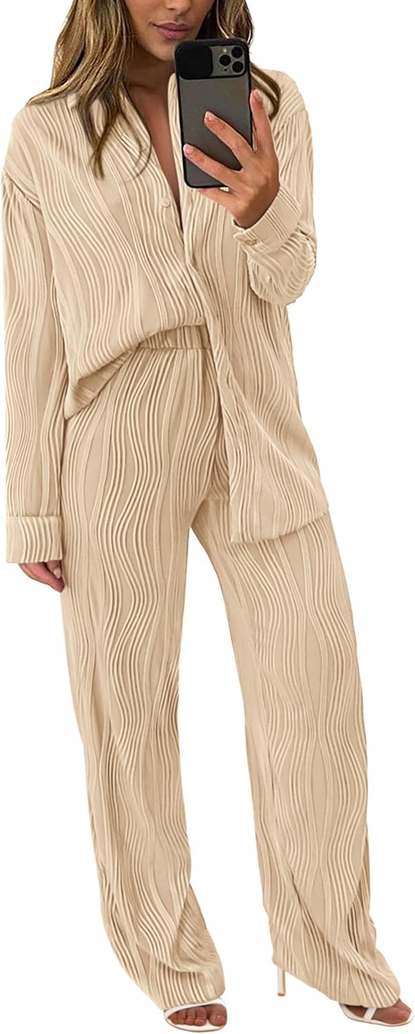 PRETTYGARDEN Women's 2 Piece Sets 2026 Fall Casual Textured Button Down Shirt Wide Leg Pants Outfits Loungewear Tracksuit