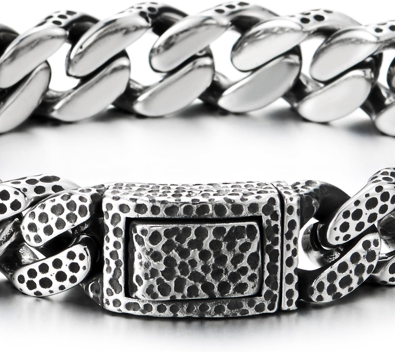 COOLSTEELANDBEYOND Mens Vintage Dotted Textured Link Curb Chain Bracelet Stainless Steel Retro Style - Image 4