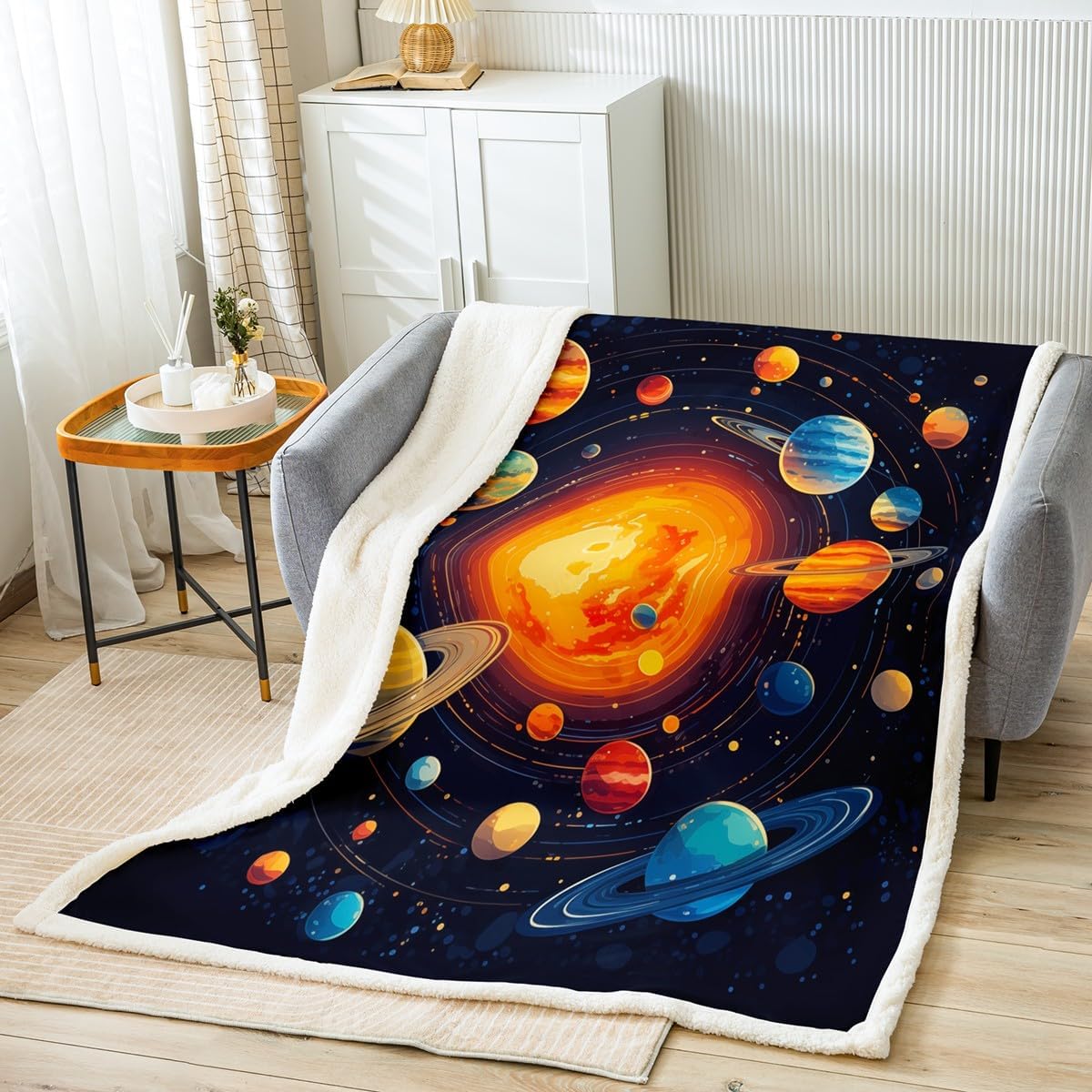 Feelyou Outer Space Sherpa Blanket Solar System Fleece Throw Blanket for Kids Boys Girls Earth Planets Plush Blanket Stars Theme Fuzzy Blanket for Sofa Bed Couch,Twin 60x80 Inches