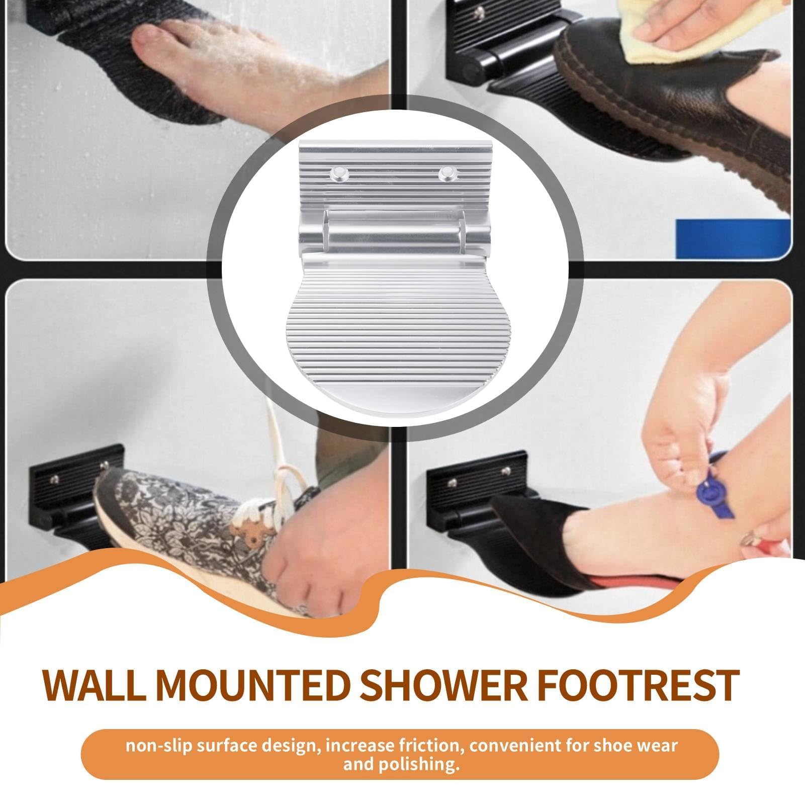 Reposapiés de Ducha, Pedal Plegable Antideslizante con fijación a la Pared, reposapiés portátil de Aluminio Espacial para afeitarse y lustrar Zapatos en el baño y el Pasillo, Color Plateado