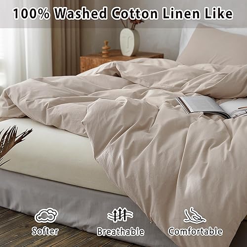 Miniatura 5 de TOCOMOA Juego de funda de edredón tamaño King, 100% algodón lavado con textura de lino, juego de ropa de cama de 3 piezas de color lino suave y