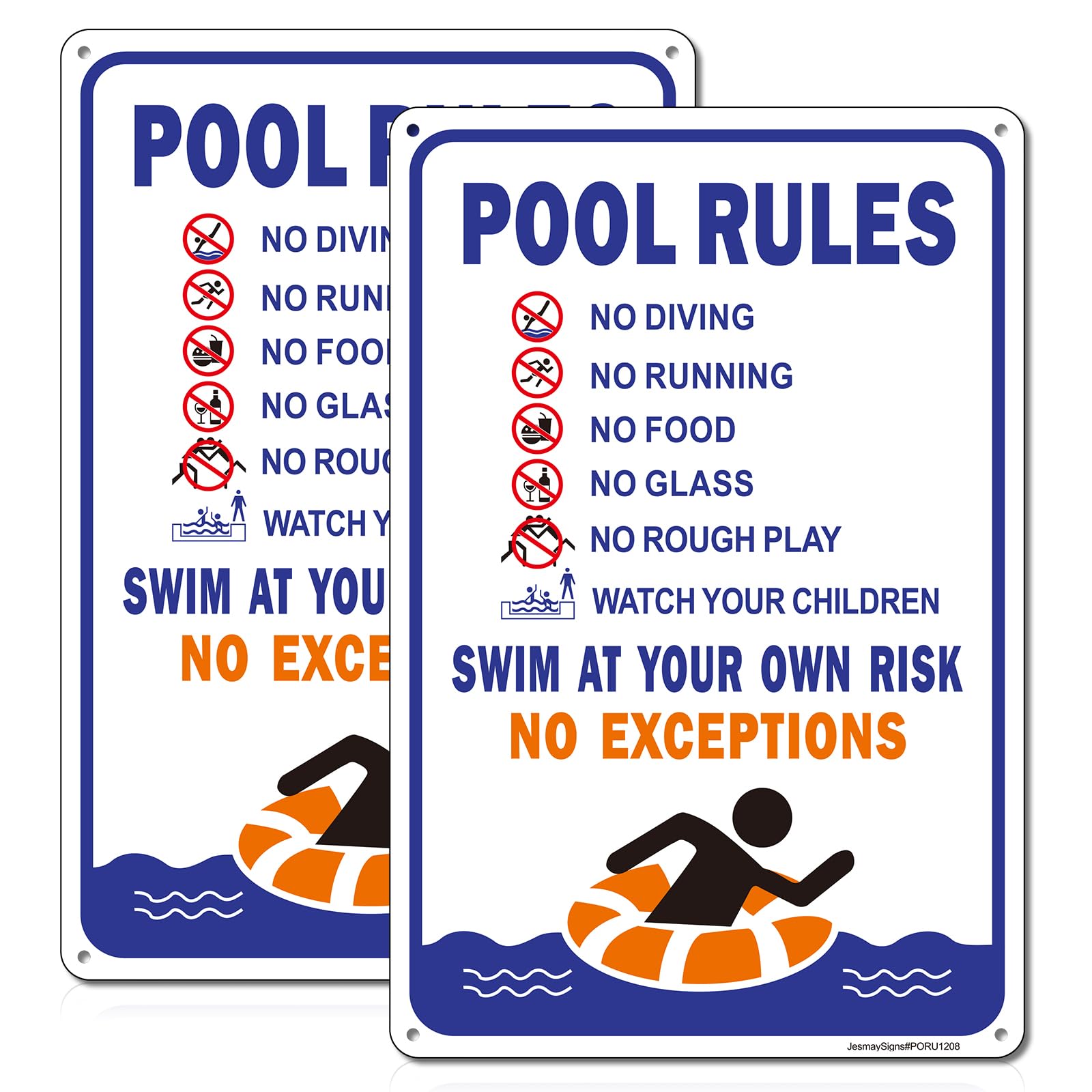 Pool Rules Sign, No Diving Sign,Swim at Your Own Risk Sign, 2Pack -12"x8" Rust Free Reflective Aluminum, Fade Resistant, UV Protected, Weatherproof, Easy to Mount
