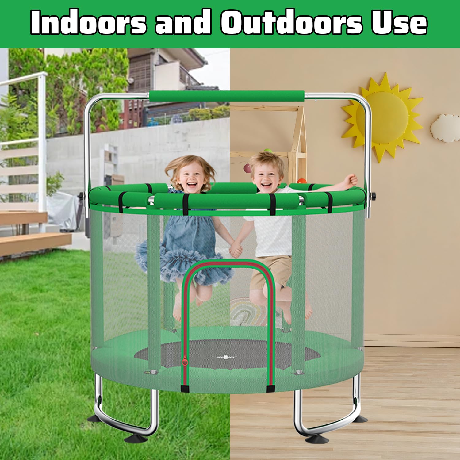 Trampoline pour Enfants 140 cm intérieur/extérieur – Charge maximale 50 kg avec Filet de sécurité, Barre de Gymnastique réglable et Panier de Basket, Cadeau pour garçons et Filles
