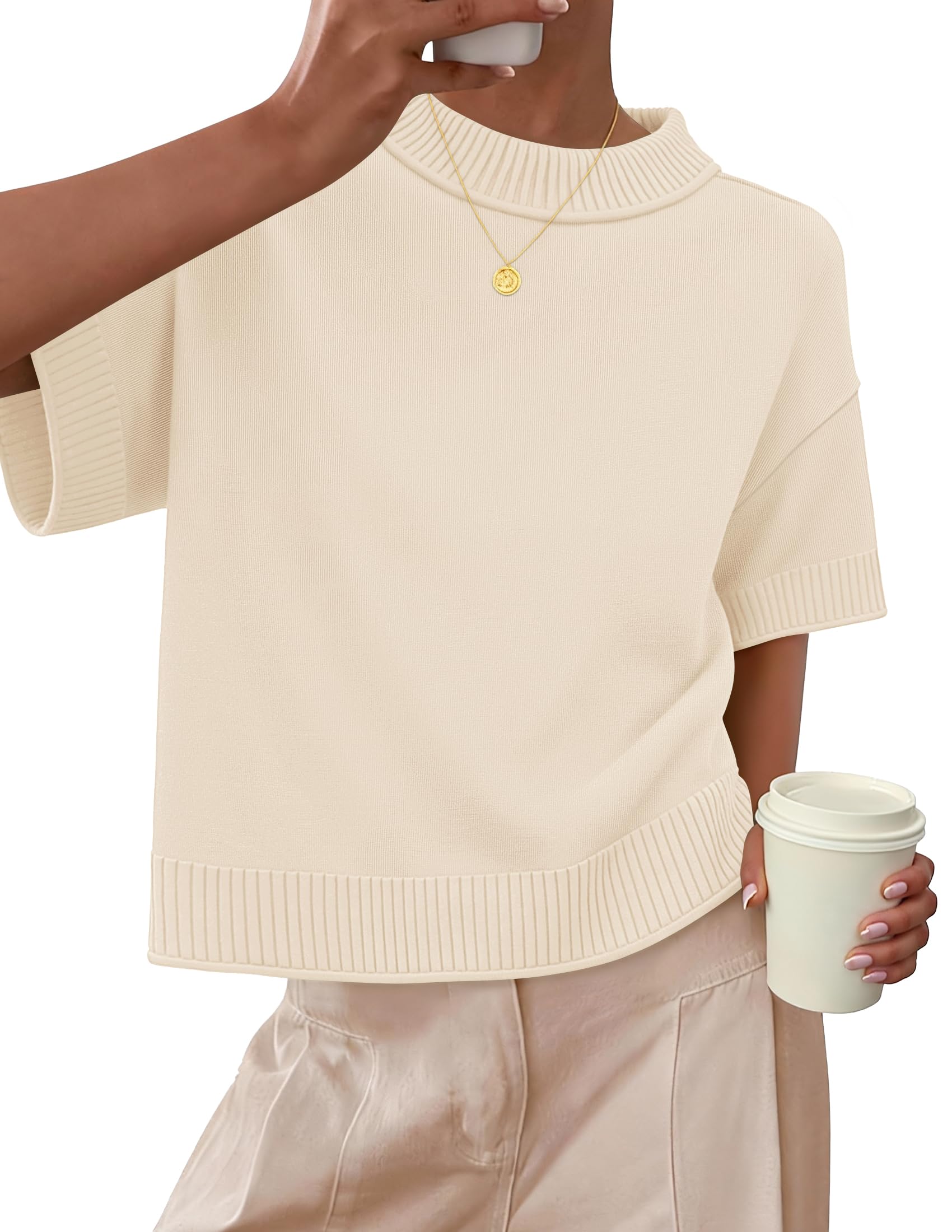 ZESICA Womens Casual Short Sleeve Sweaters 2026 Summer Oversized Crewneck Soft Knit Cropped Tops Trendy Outfits