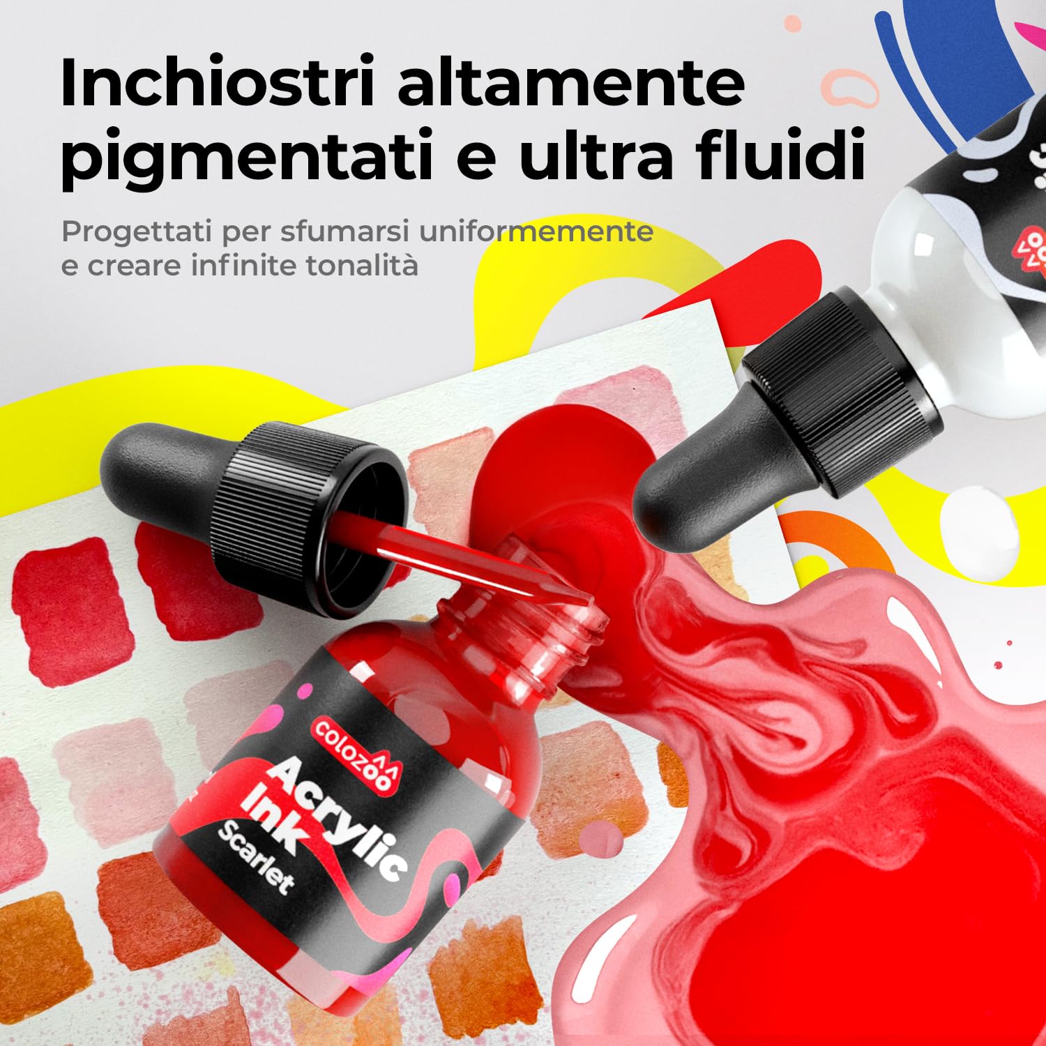 Colozoo Set di Inchiostri Acrilici 8x20ml, permanenti e impermeabili, 6 colori primari e 2 neon, pittura liquida per aerografo, pouring, medium acrilico, per tutte le superfici