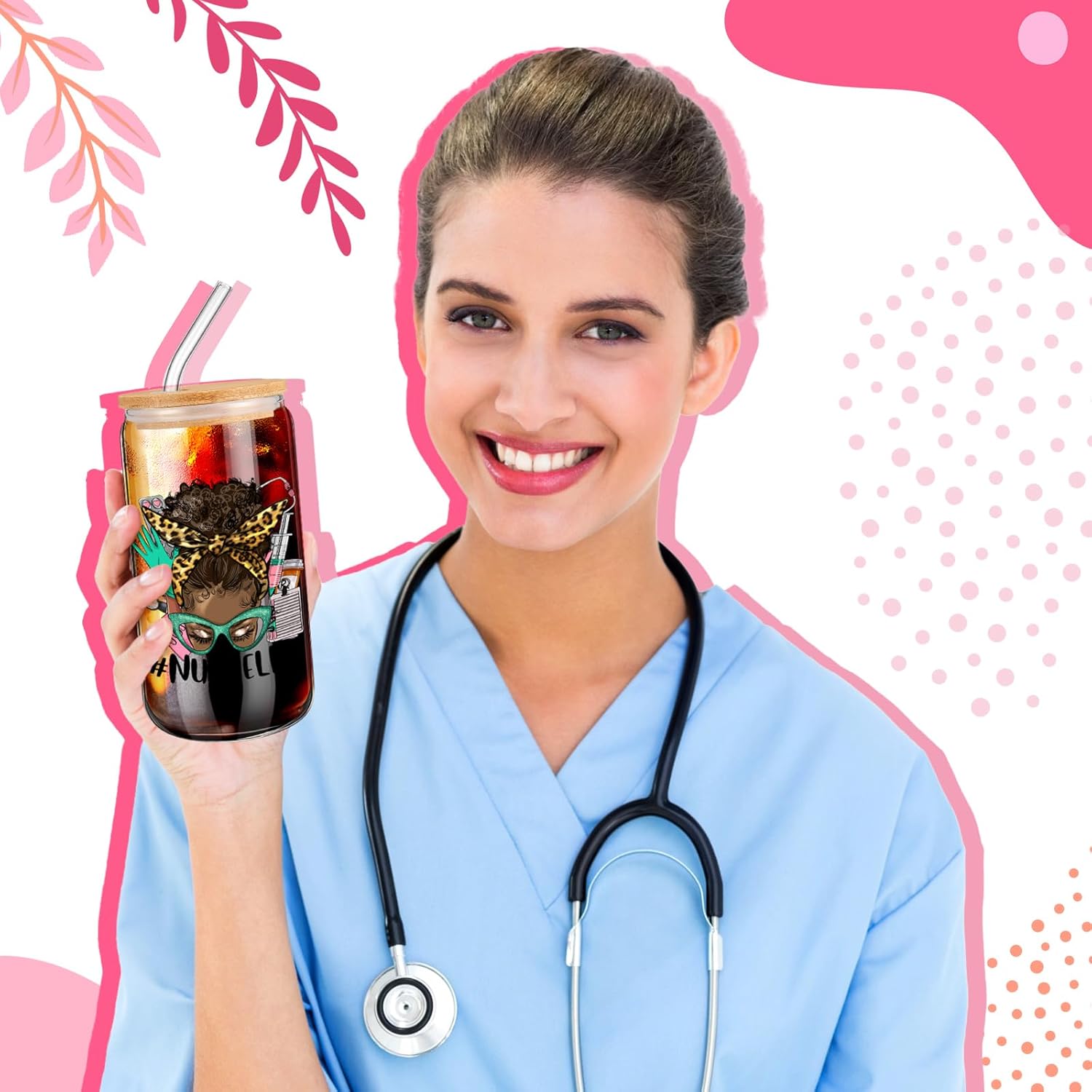 6 Pcs Christmas Nurse Gifts Bulk Nurse Glass Cups 16 oz Can Shaped Nursing Coffee Drinking Tumbler with Bamboo Lid and Straw for Nursing Women Xmas Holiday Party Favors Gifts - Image 2