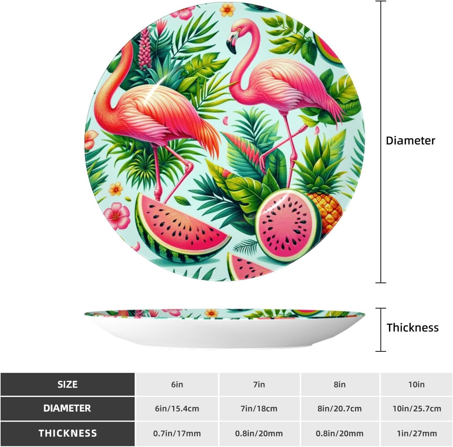 Flamingo-Palm-Leaves-Watermelon 10 Inch Decorative Plate With Stand, Elegant Display Wall Plate For Home Decor