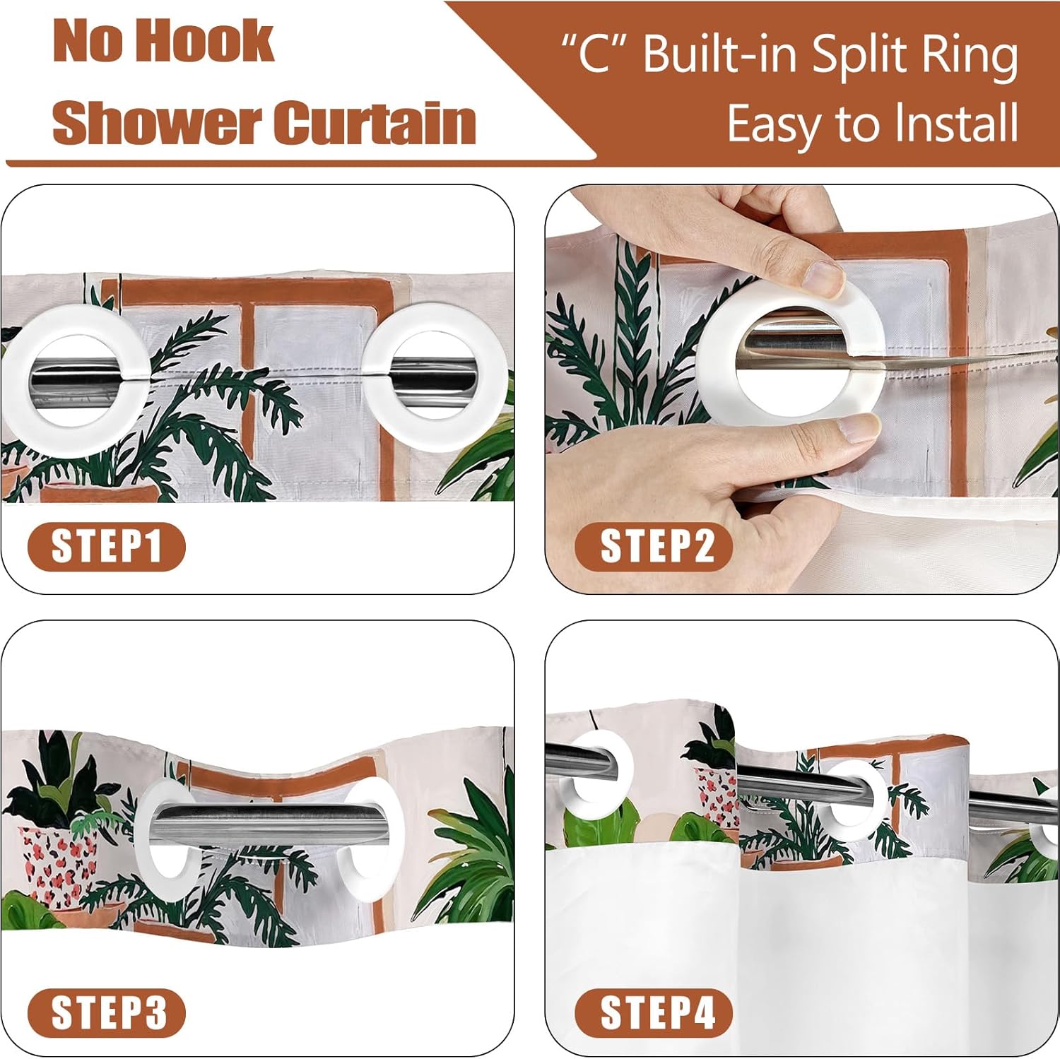 Fowocu No Hook Shower Curtain with Snap in Liner Funny Cat Shower Curtains for Bathroom Boho Cute Black Cats Matisse Green Tropical Plant Beige Brown Red Waterproof Fabric Bath Curtain Decor 71×74In