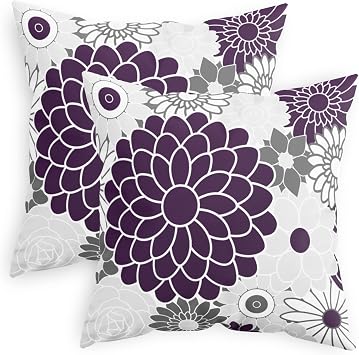 CaliTime Throw Pillow Cases Pack of 2 Cozy Fleece Blooming Dahlia Floral Flowers Decorative Cushion Covers for Couch Bed Sofa Farmhouse Decoration 18 X 18 Inches Deep Purple Grey