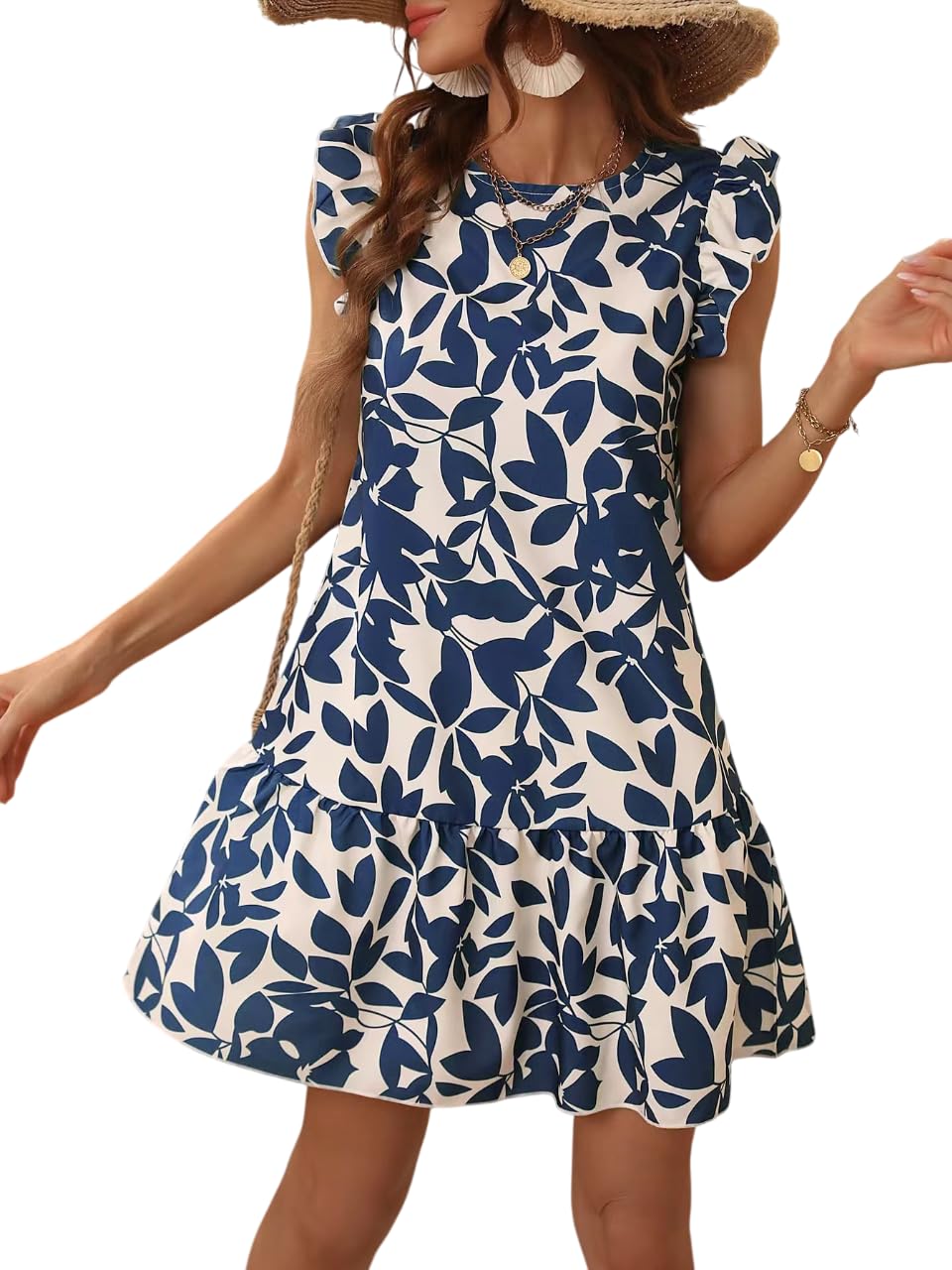 Women's Summer Floral Print Ruffle Mini Dress | Casual Sleeveless A-Line Sundress with Tiered Hem, Lightweight Beach Boho Outfit-image-44