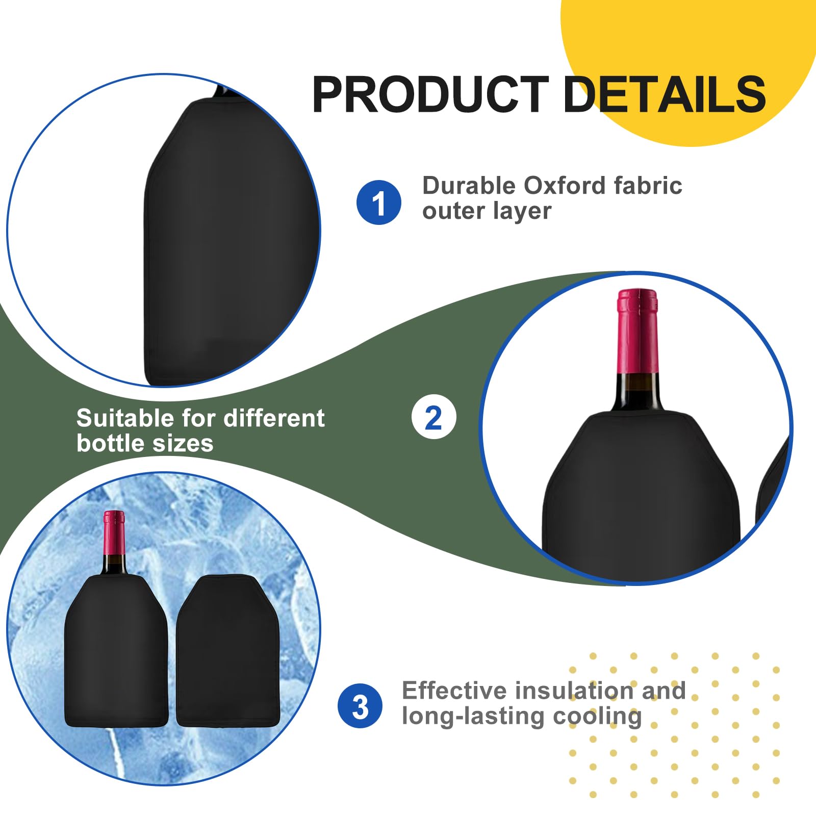 2 pezzi per refrigeratore di vino, polsino refrigerante per vino, con elastico, portatile, isolante, per vino, spumante, champagne, bottiglie, nero