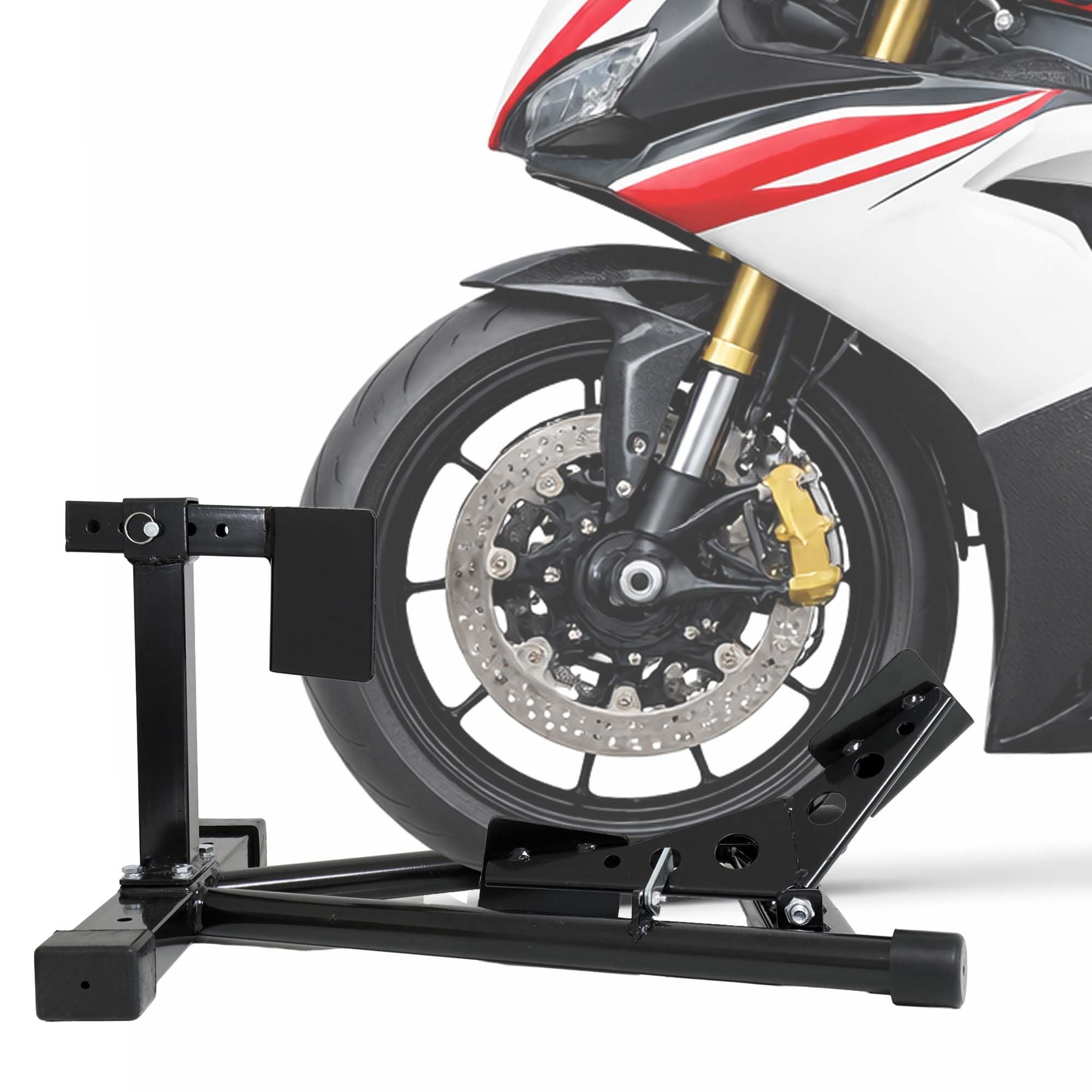 The Drive Motorradständer 16"-19" Zoll | Verstellbarer Motorradhalterung | schwarz pulverbeschichtet | Reifenbreite 80 bis 130mm | Motorrad-Wippe | Universal
