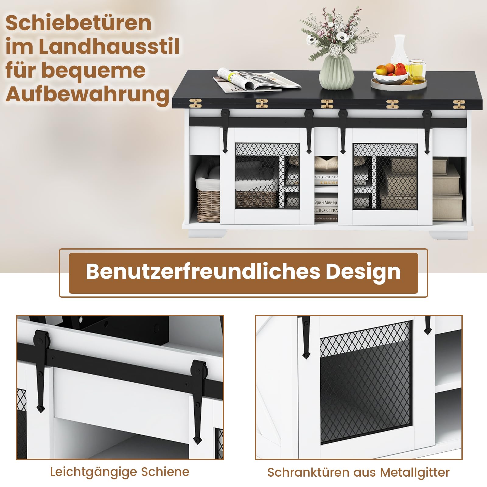 COSTWAY Couchtisch Höhenverstellbar, Wohnzimmertisch mit 2 Schiebetüren