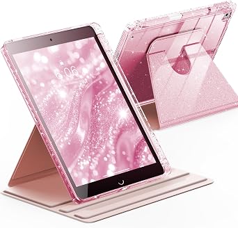 حافظة INFILAND الدوارة لجهاز iPad الجيل التاسع 2021/الجيل الثامن 2020/الجيل السابع 2019 غطاء لامع لطيف دوار مقاس 10.2 بوصة 360 مع ظهر شفاف كريستالي، حامل قلم رصاص وردي