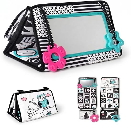 Baby Mirror Toy, Tummy Time Toy, High Contrast Sensory Baby Toy | 3-in-1 Infant Activity Set with Crinkle Book and Teether for Newborns, Stroller, Crib and Car Seat Play