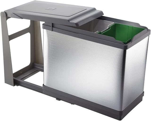 ELLETIPI Tower PAL605/1ALL. Differentiated Waste Bin Pull-Out Automatic for Base, White Plastic and Sheet Metal, Grey, 25 x 46 x 41 cm