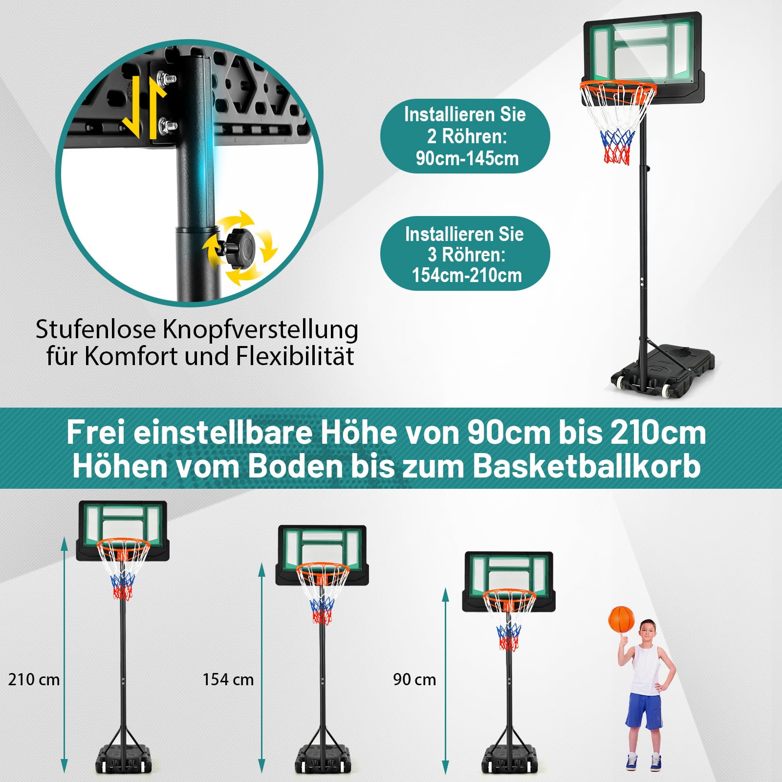 COSTWAY Basketballständer 90-210 cm höhenverstellbar, Basketballkorb mit Ständer & 2 Rädern, Mobile Korbanlage für Kinder, Jugendliche, Basketballanlage wetterbeständig Indoor Outdoor