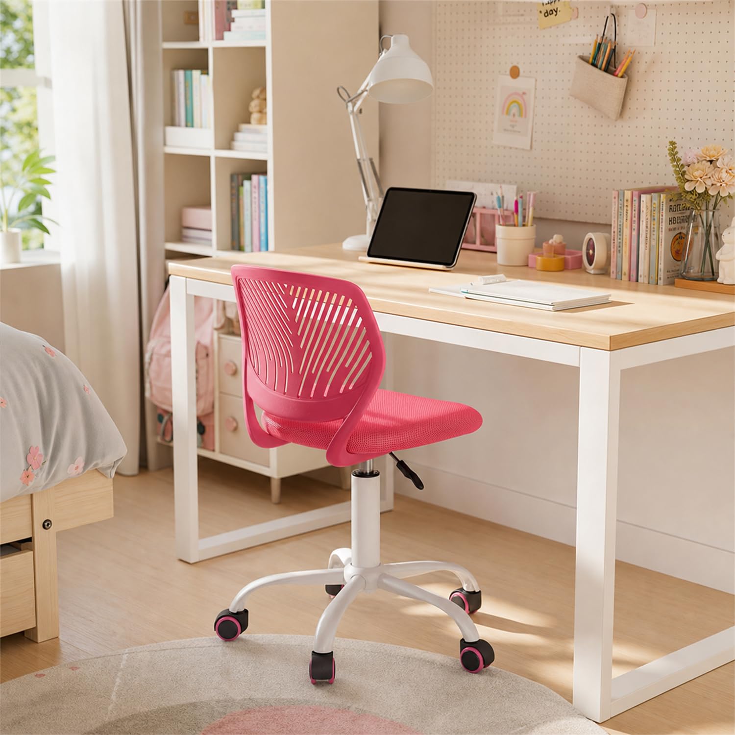 MEUBLE Cosy Silla de Oficina Ergonómica, Silla de Escritorio Giratoria Regulable en Altura, sin Reposabrazos, con Ruedas para Teletrabajo, Estudio y Dormitorio, Rosa Blush