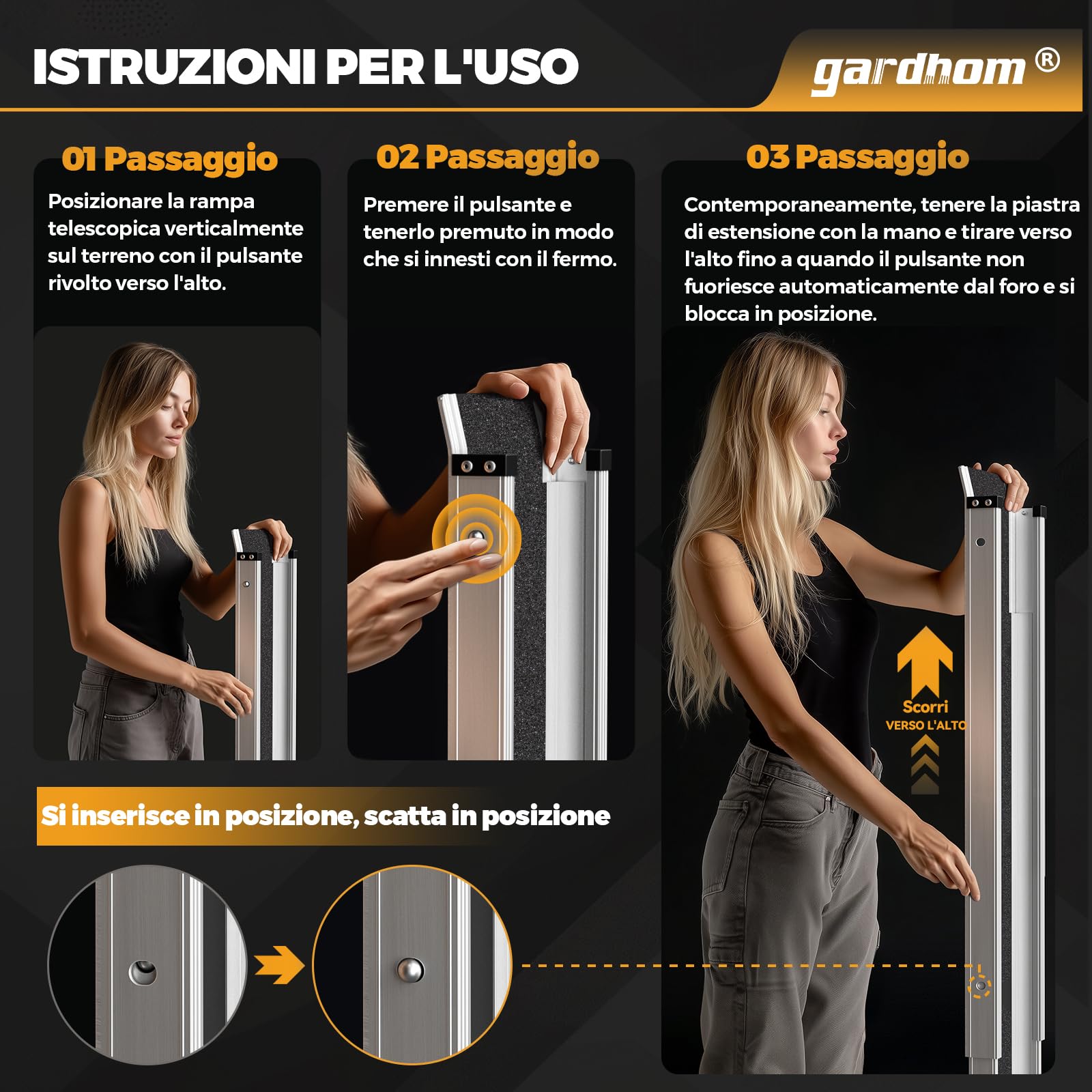 Gardhom Rampa Telescopica per Sedia a Rotelle, 105-183 cm, Regolabile, in Alluminio, Antiscivolo, con Capacità di Carico di 272 kg, per Scale e Ostacoli, Passi in Casa Nella Borsa in tessuto