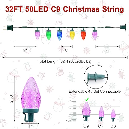 Miniatura 5 de Luces LED C9 de Navidad C9 para exteriores, 50 luces LED de 32 pies C9 para Navidad, bombillas de fresa, conectables, certificación UL, para