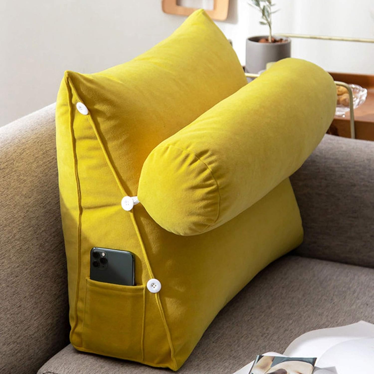 シングルヘッドボード三角読書枕、 洗えるウェッジ枕、取り外し可能なネックピロー付き(Yellow,45x45x22cm)