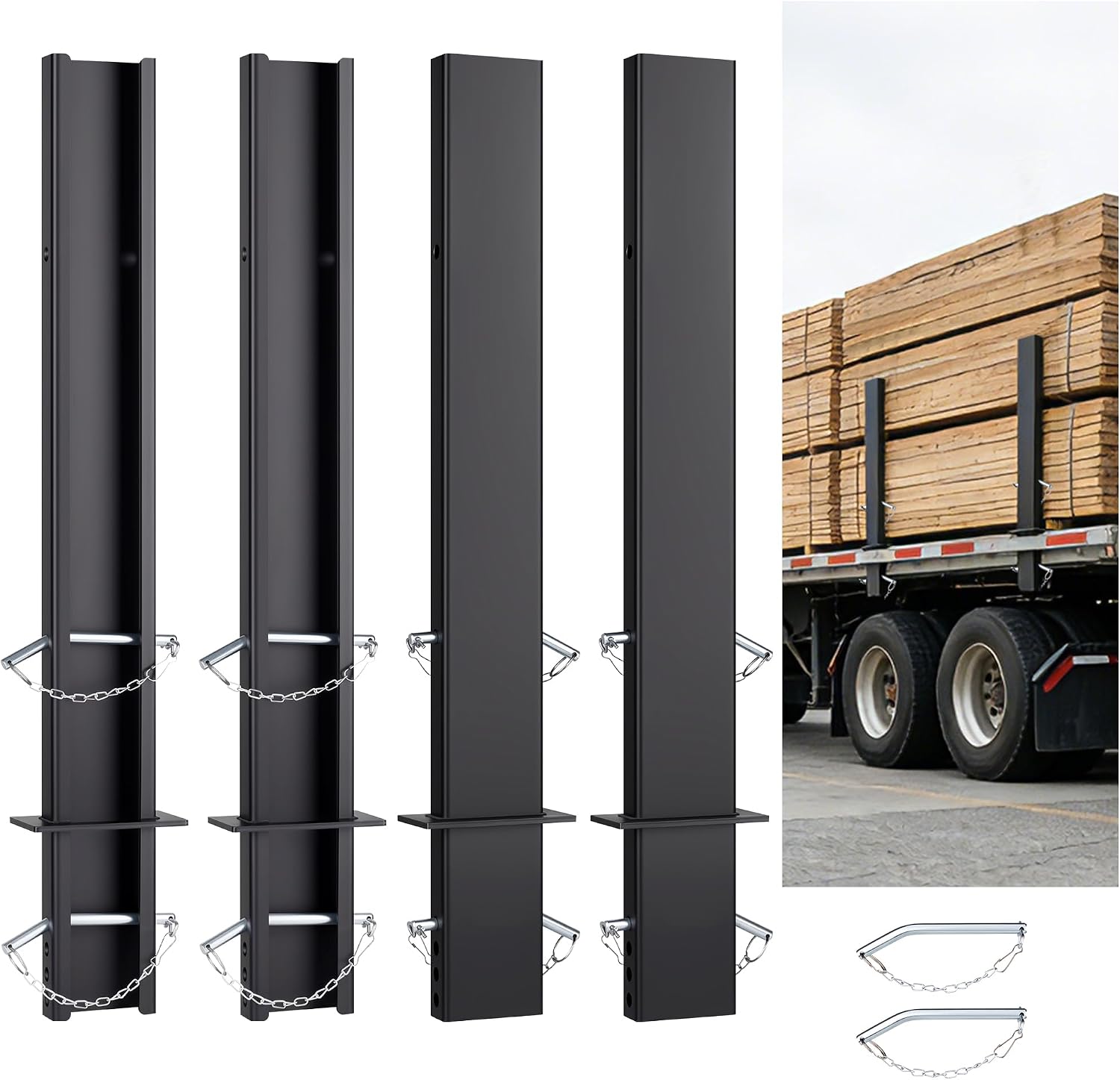 4-Pack 30" Adjustable C Channel Pipe Stakes with Anti-Loss Cord - Heavy Duty Steel Trailer Stake Sides for Flatbed Hauler & Stake Pockets - Black Powder Coated