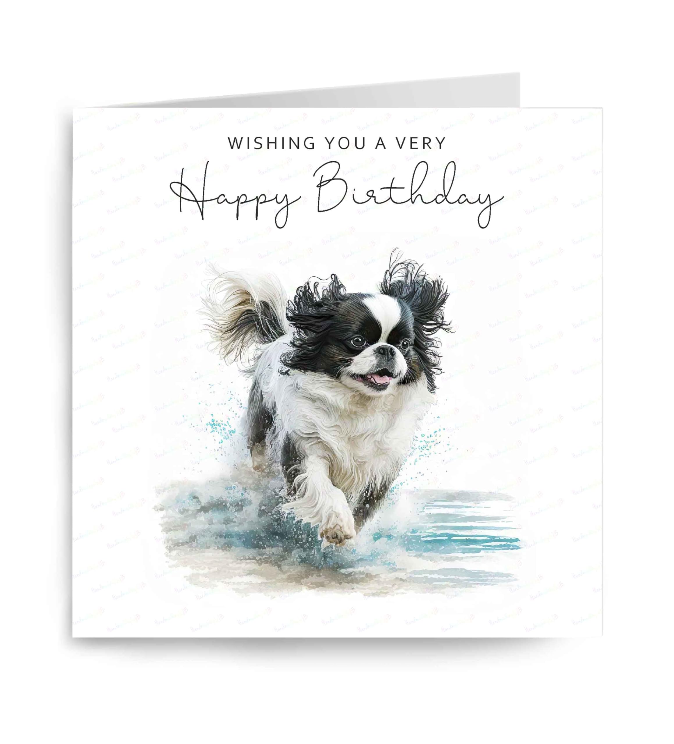 Japanese Chin Birthday Card, Fun Dog on the Beach Scene Birthday Card, Cute Dog Seaside Greetings Card, 6" x 6", Blank Inside