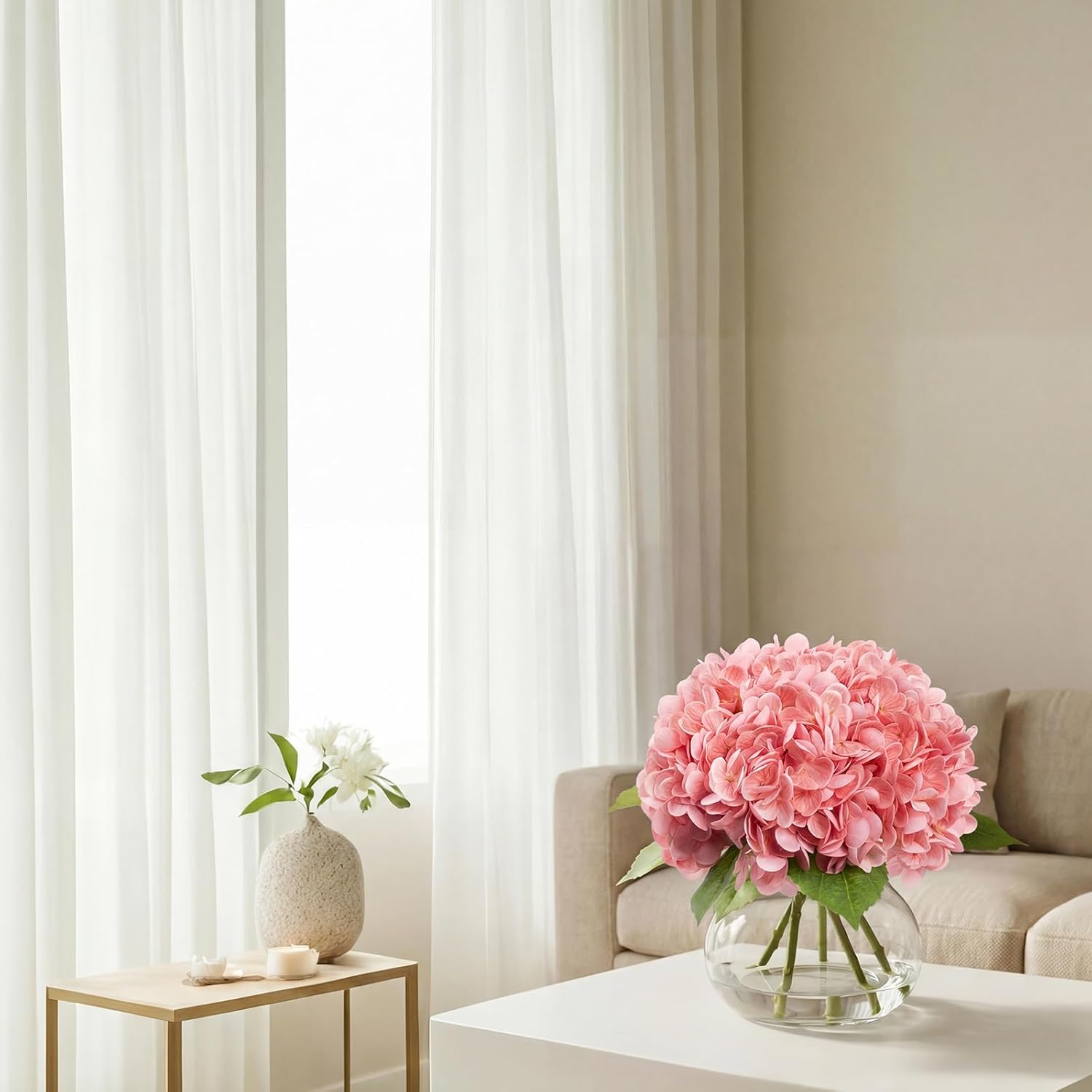 Hydrangea Artificial Flowers with Vase, Pink Silk Fake Flowers Arrangements in Glass Vase with Faux Water for Home Bathroom Office Dining Table Centerpiece Shelf Wedding Decorations, FF29, Pink - Image 4