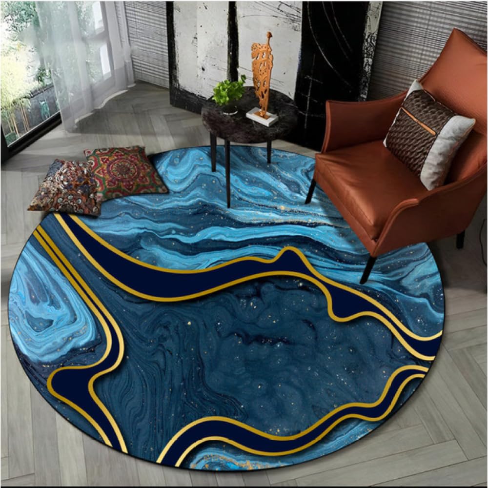 Tapis Rond Moderne Effet Marbre & Paillettes Dorées - Diamètre 80cm - Doux, Antidérapant, Lavable En Machine - 9