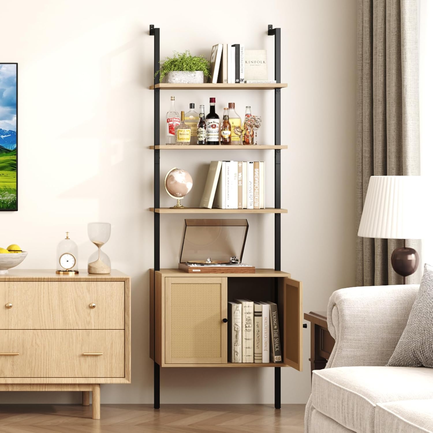 Yusong 73" Tall Bookshelf with Cabinet, Industrial Ladder Wall Mount Shelf Rattan Bookcase with Wood and Metal Frame, Plant Shelf Wall Storage Display for Living Room Bedroom,Light Ivory Brown