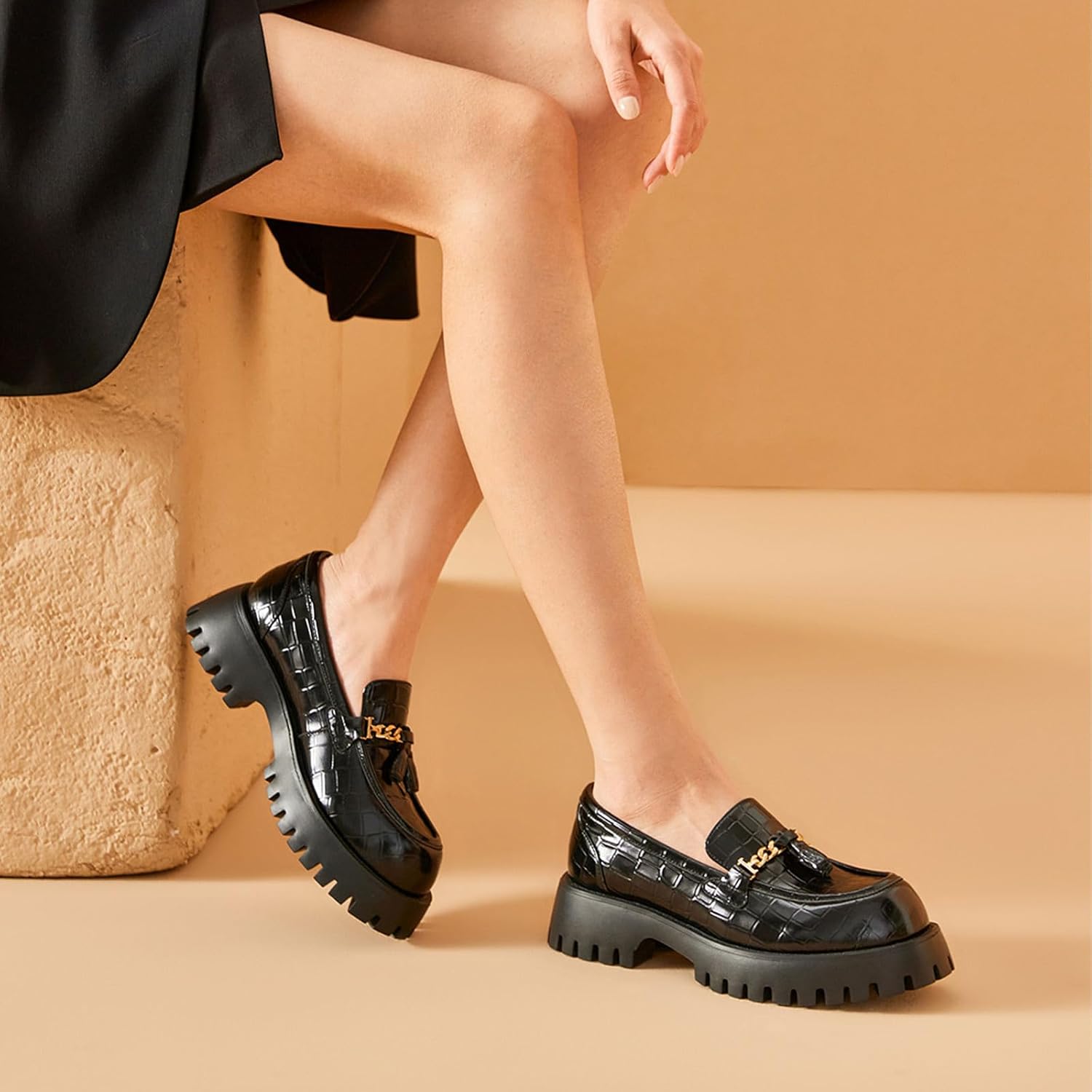 BEAU TODAY Chunky Loafers for Women,Womens Platform Loafer Shoes,Chunky Heel Lug Sole Slip-on Tassel Shoes,Comfort Round Toe Business Work Office Shoes Black-B US 8 - Image 3