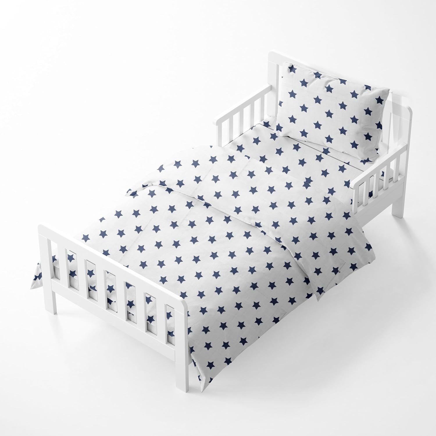 Bacati - Muslin Ikat Stars 4 Piece Boys Toddler Bedding Set 100 Percent Cotton Includes Reversible Comforter, Fitted Sheet, Top Sheet, and Pillow Case (4 pc Toddler Bedding Set, Navy Stars)