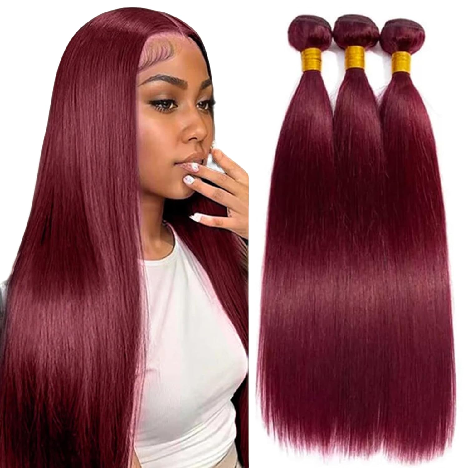 #99J Burgundy Human Hair Bundles Straight Bundles 16 18 20 Inch Wine Red Bundle Unprocessed Brazilian Virgin Hair Extensions 50G/PC 150G Total Quick Weave for Black Women