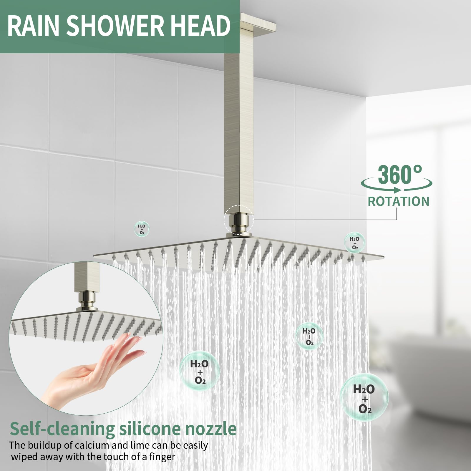 SunCleanse Zestaw baterii prysznicowych z deszczownicą, szczotkowany nikiel, zestaw combo do łazienki z wysokociśnieniową słuchawką 25,4 cm, zawory, słuchawka ręczna, montaż sufitowy