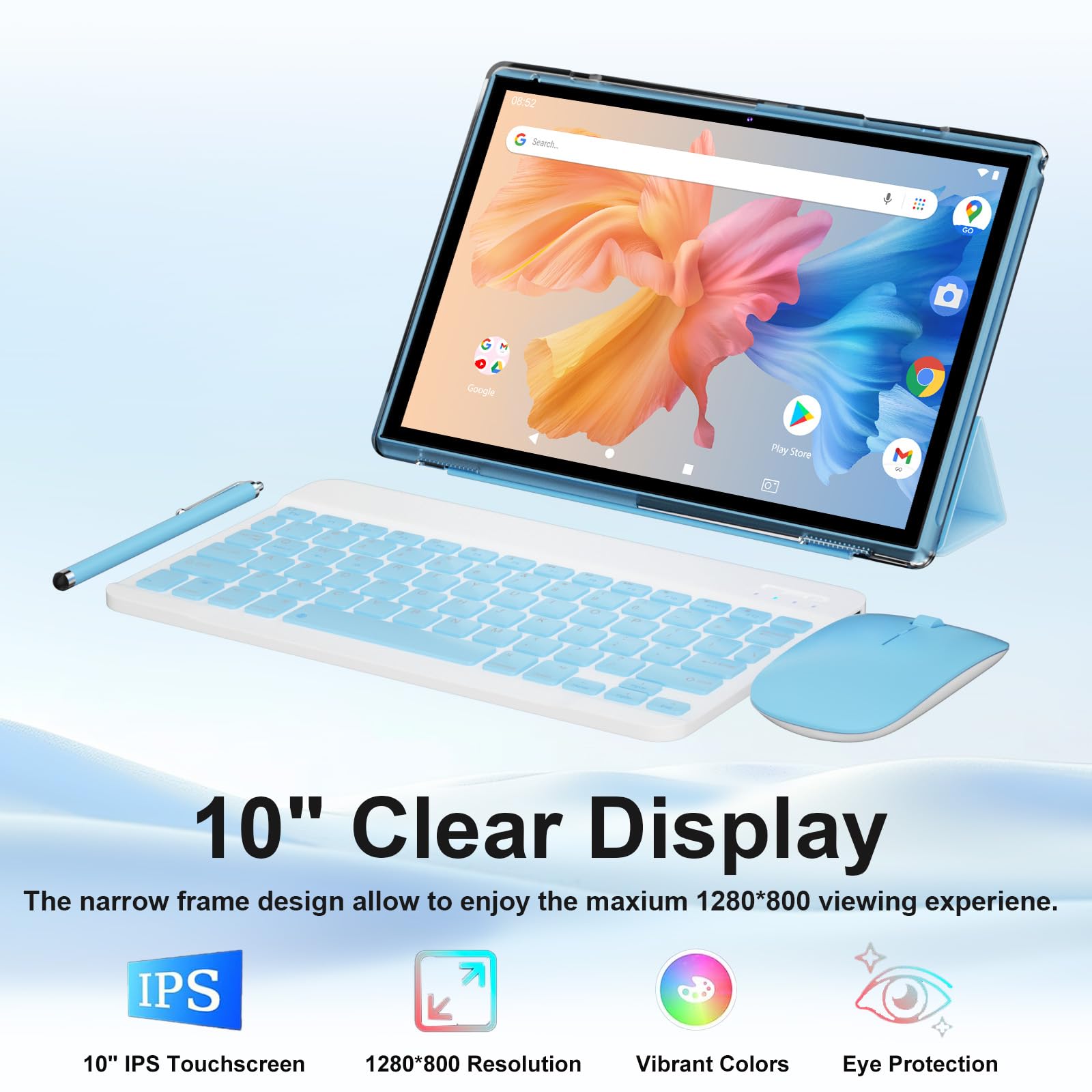 Tablette 2 en 1 Android 14 tablettes avec clavier 10", étui avec stylet souris, film trempé, tablette 6 000 mAh, 6 Go + 32 Go de ROM, tablette extensible 1 To, double caméra 2 MP + 8 MP, WiFi BT