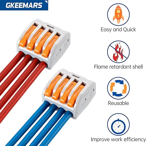 Miniatura 10 de GKEEMARS 50 conectores de cable de palanca, conectores de empalme compactos para cables flexibles trenzados sólidos (5 conductores-naranja)