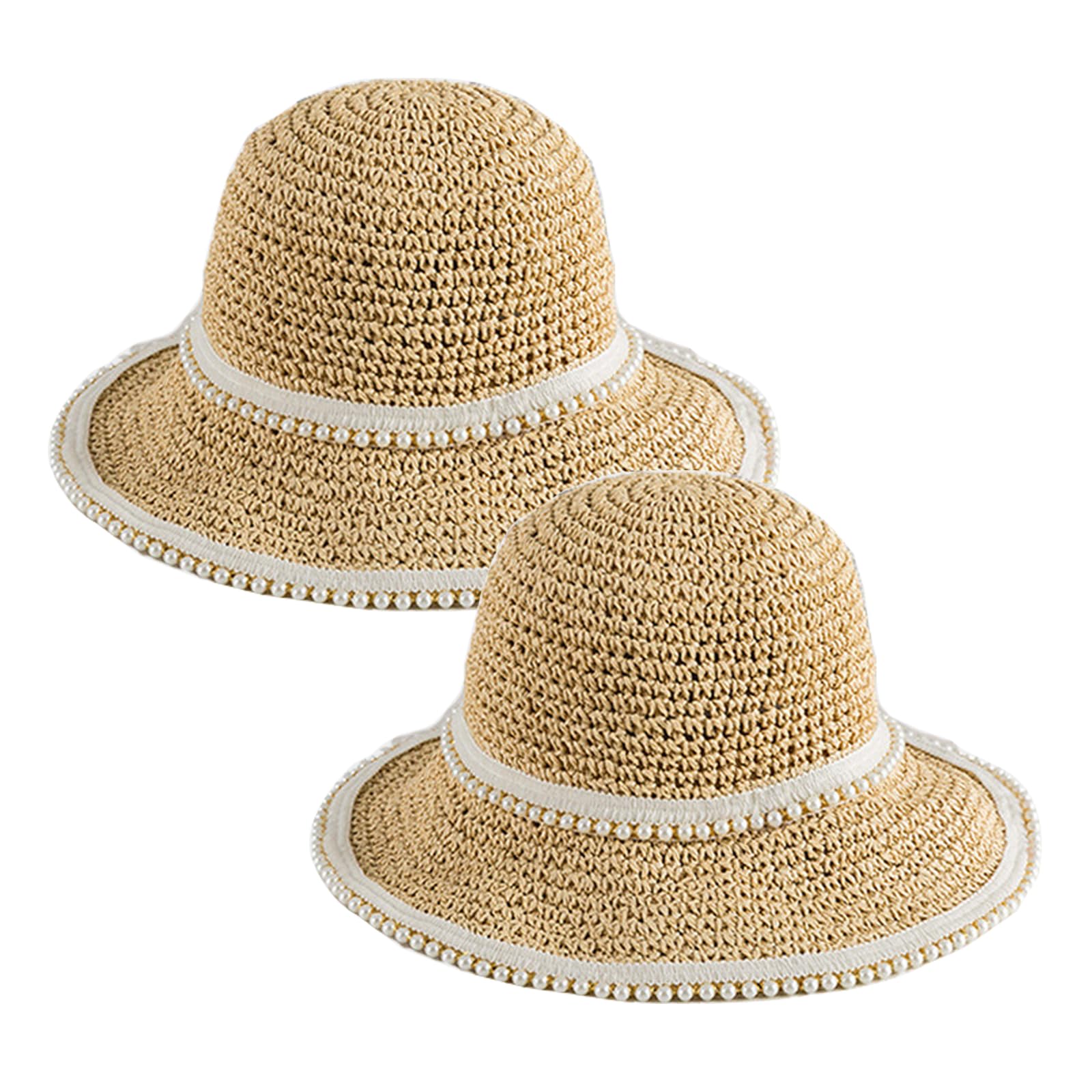YUONNY Cappello di Paglia con Perline, Cappello da Sole, Cappello Boater con Protezione Solare, Cappello da Spiaggia E da Viaggio da Donna,Beige,Children's 52 cm
