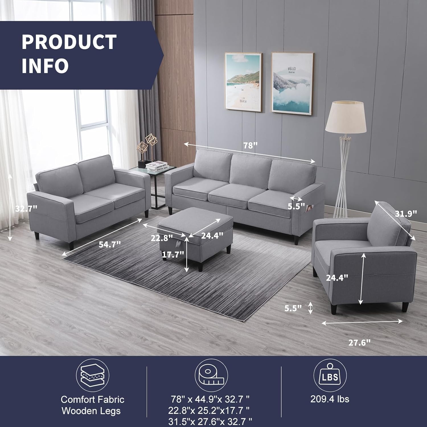 3 Pieces Living Room Sofa Set, Linen Couch and Loveseat Chair Sets with Ottoman & Armchair, Modular Sectional Sofa Couch Furniture Set, Wood Legs Sofas Couches for Living Room - Light Grey