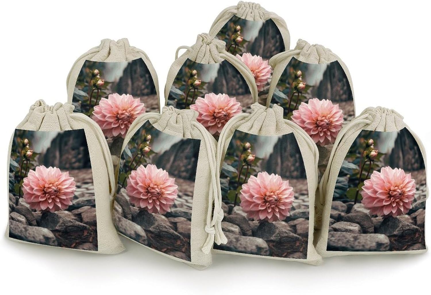FekiLoot Peach Flowers on The Ground Cotton Linen Drawstring Bags Pack of 8