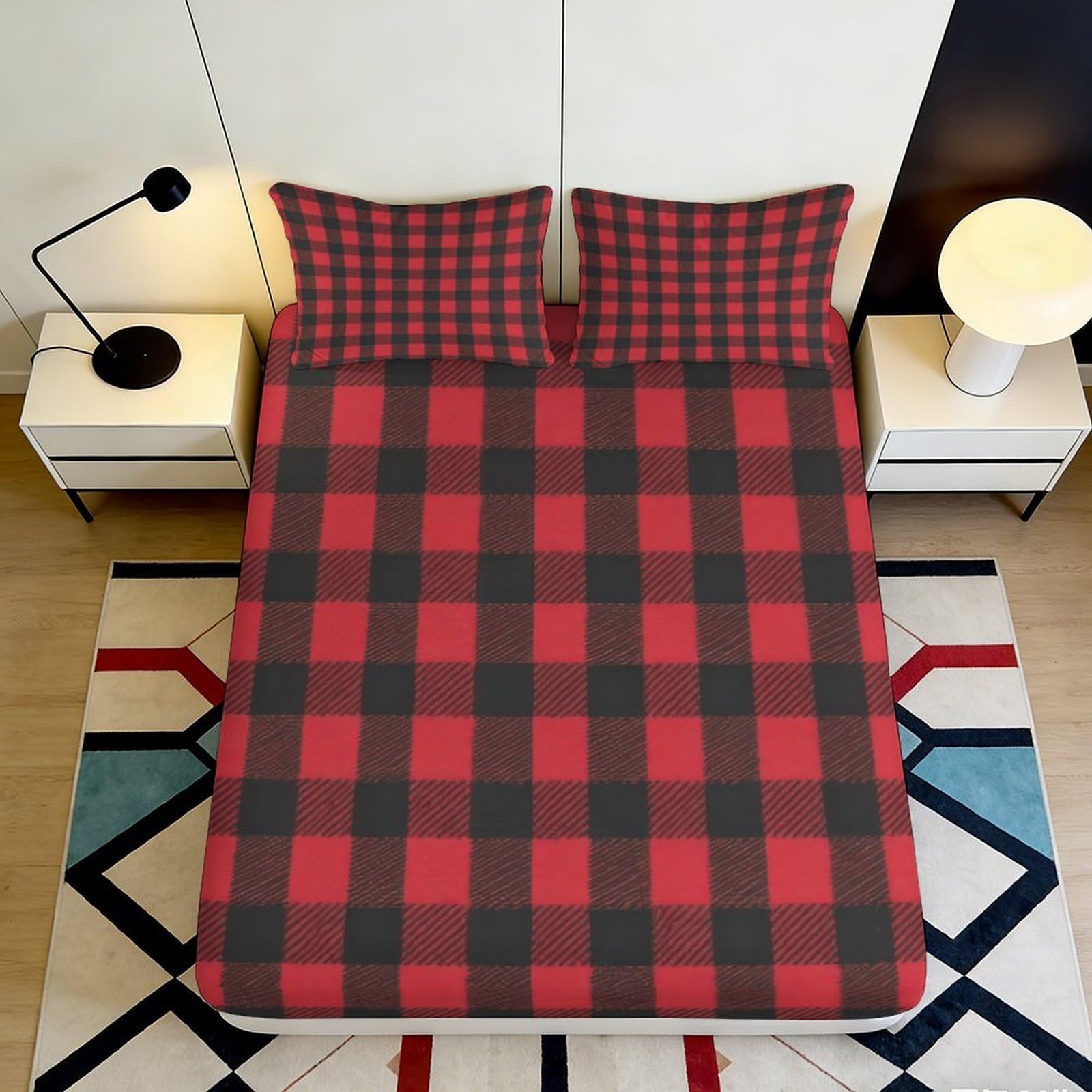 3D Printed Red Black Plaid Fitted Sheet Microfiber Soft Durable Buffalo Check Bed Cover for Bedroom Dormitory Guest Room Mattress Protection 120x200x25cm