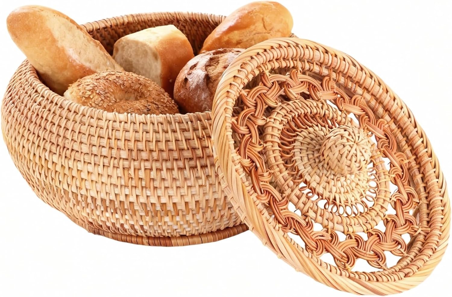 Round Woven Basket, 9.1 in Handmade Rattan Basket, Small Wicker Storage Box with Hollow Lid, Multipurpose Decorative Organizer for Living Room, Entryway and Kitchen