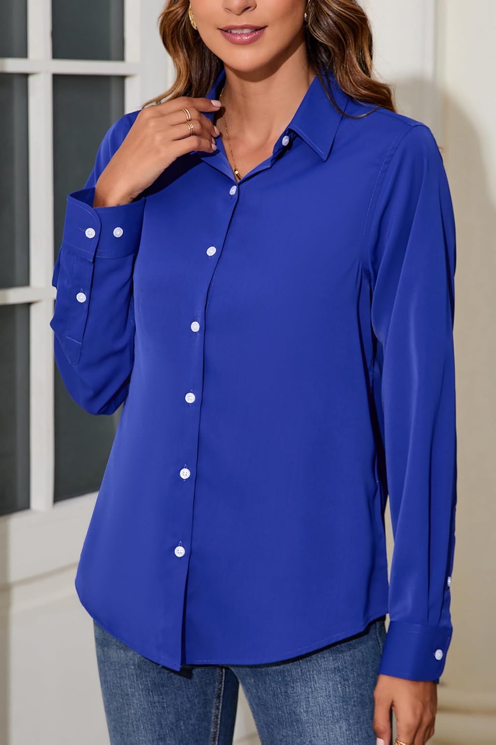 Dress Shirts for Women Long Sleeve Button Down Shirt Wrinkle Free Regular Fit Formal Work CollaGrey Blouses Tops - Image 2