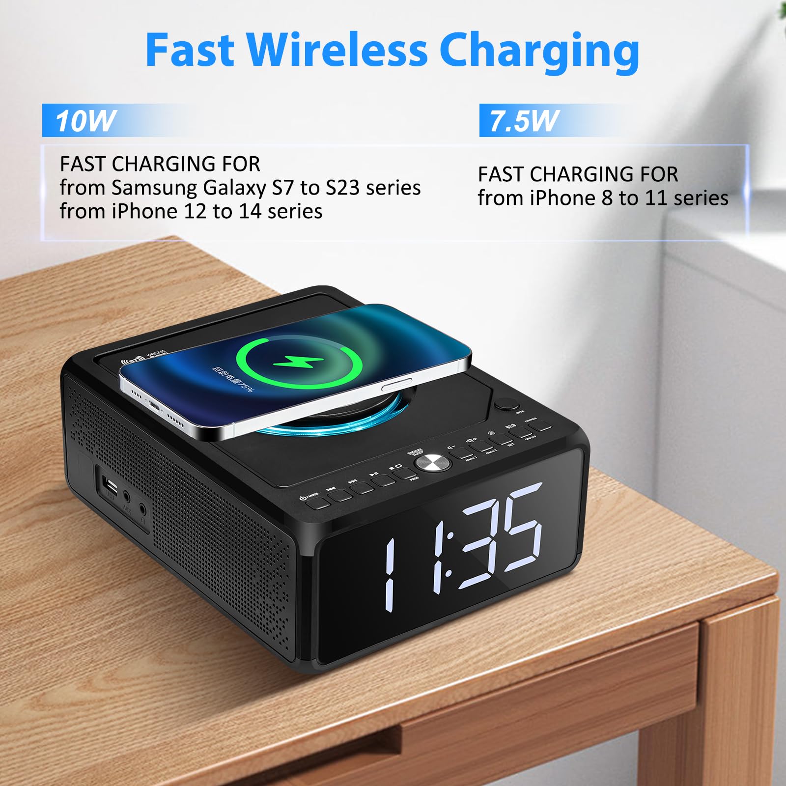 Gelielim Elegante reproductor de CD para el hogar, reloj despertador con carga inalámbrica, boombox Bluetooth con control remoto, radio FM (sin AM)/AUX/USB/temporizador/regulador, reproductor de CD