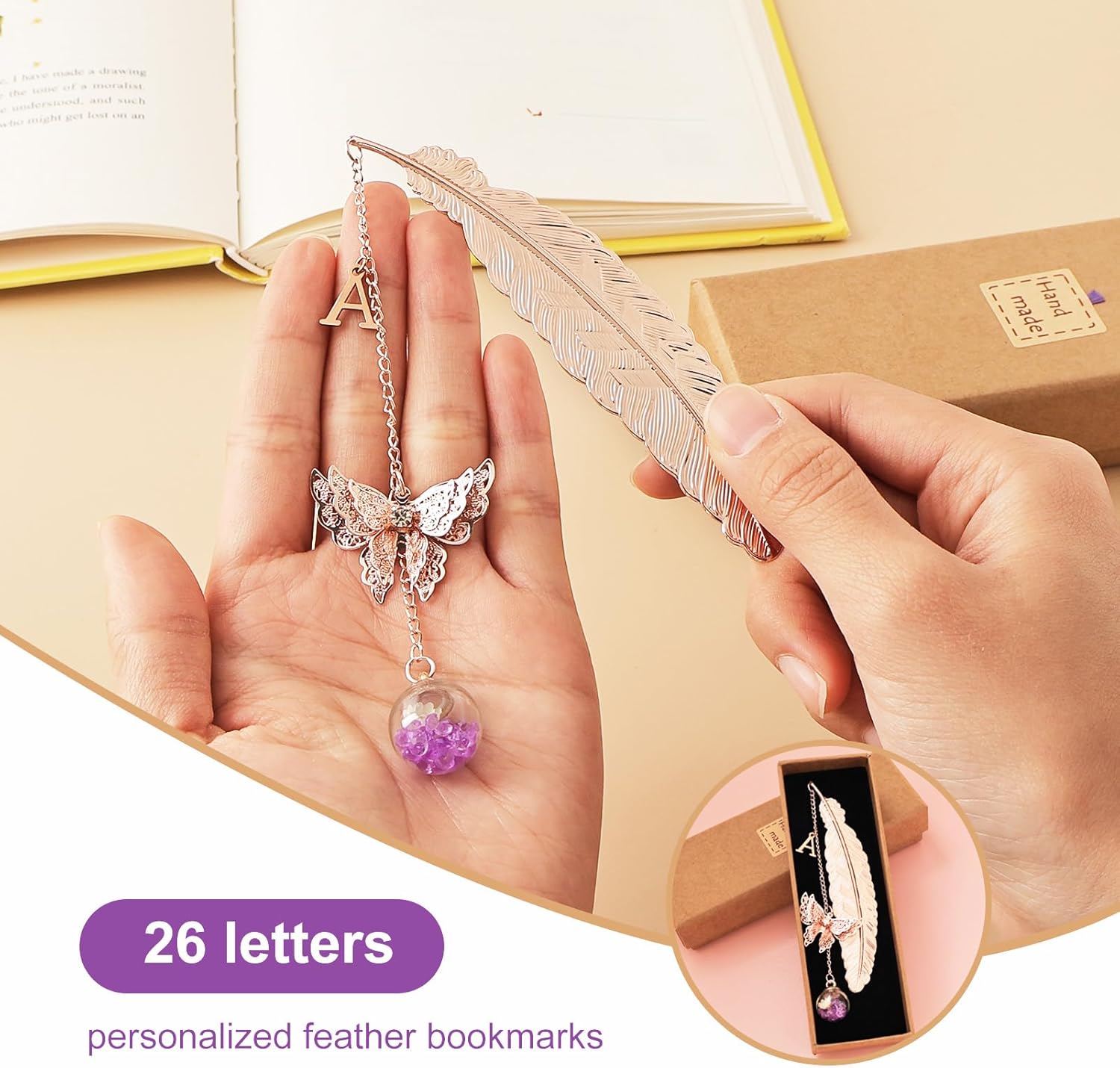 Snycler Exquisite Metal Feather Bookmark, Rose Gold, Help Reading, Beautiful Decoration, Suitable for Readers, mom, Teachers and Friends ，with Letter E - Image 5